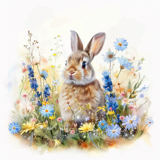 Cute Rabbit & Floral Watercolor Clipart, 24 High-Resolution JPGs, Instant Download for Crafting
